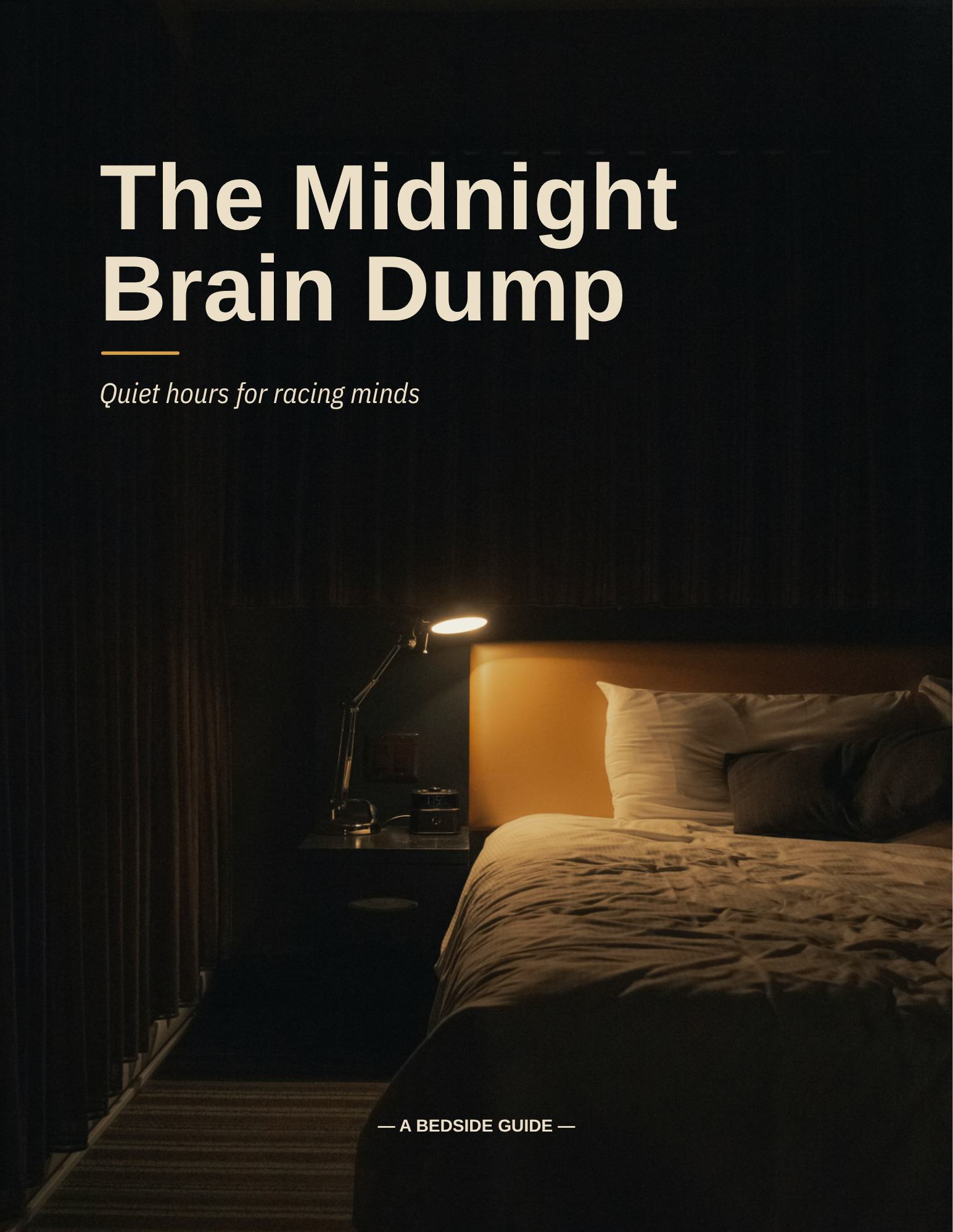 The Midnight Brain Dump — the guide cover, a bedside lamp glowing in a dark bedroom.